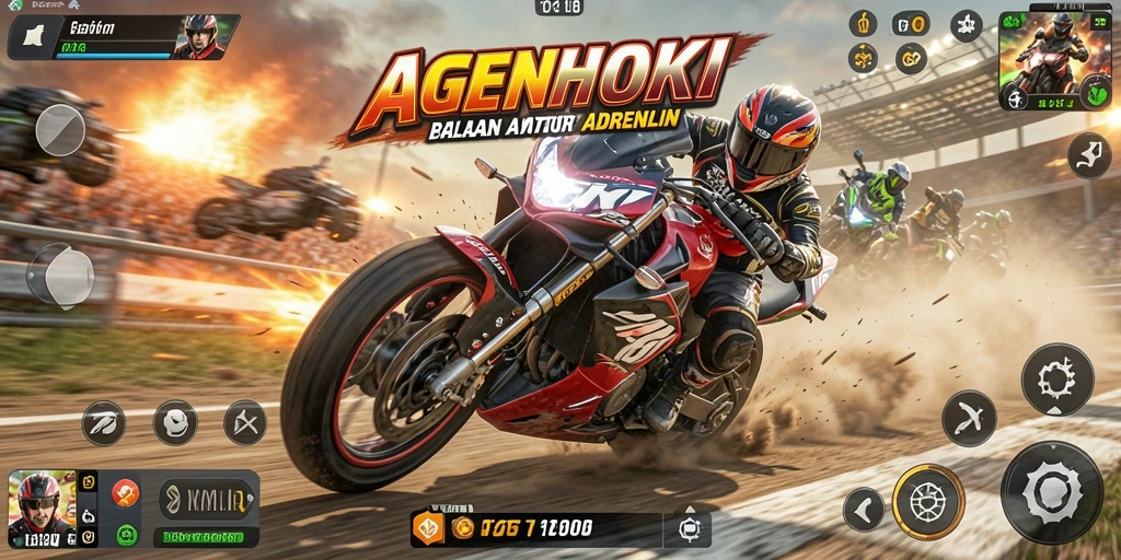 Screenshot utama AGENHOKI menampilkan aksi balapan motor yang seru.