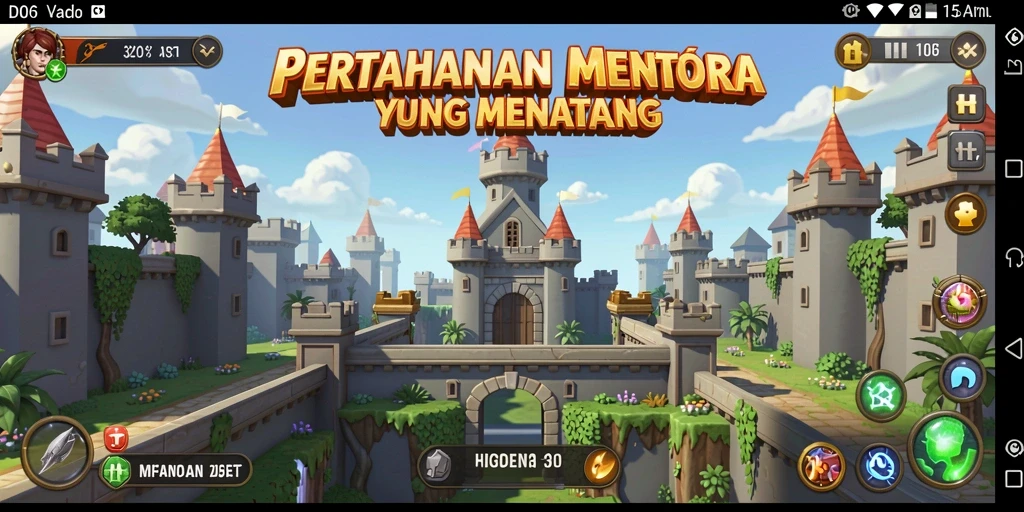 Screenshot D06 menampilkan aksi bertahan dengan menara strategis.