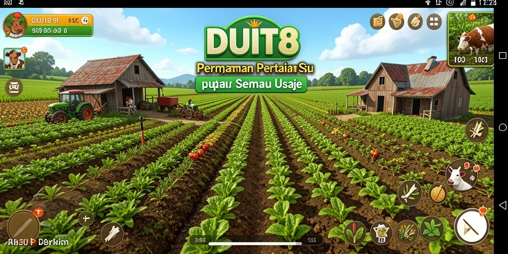Screenshot gameplay DUIT8 yang menampilkan kebun yang subur dan aktivitas bercocok tanam.