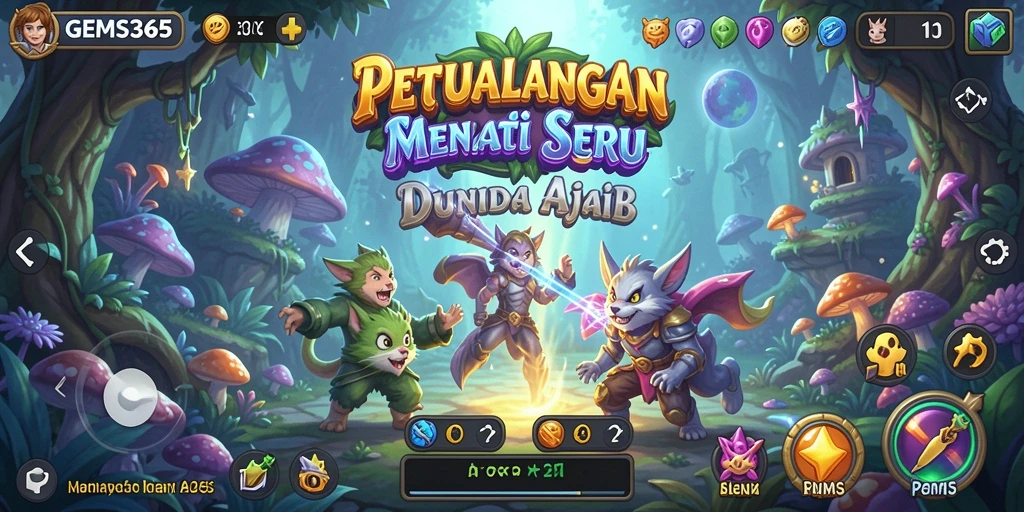 Tangkapan layar utama gameplay GEMS365 menampilkan aksi petualangan yang mendebarkan.