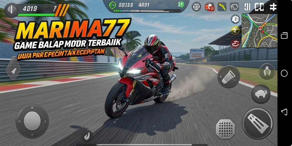 Screenshot gameplay MARIMA77 menampilkan aksi balap motor yang mendebarkan.