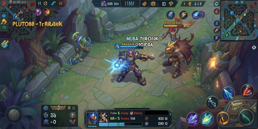Screenshot gameplay PLUTO88 menampilkan pertarungan seru di arena MOBA.