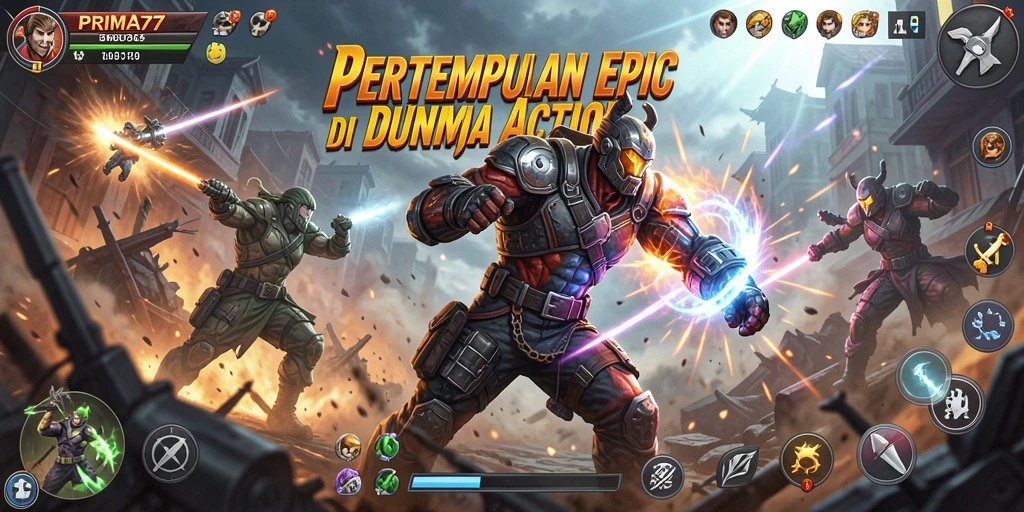 Screenshot utama PRIMA77 menampilkan aksi pertempuran seru dan grafis menawan.