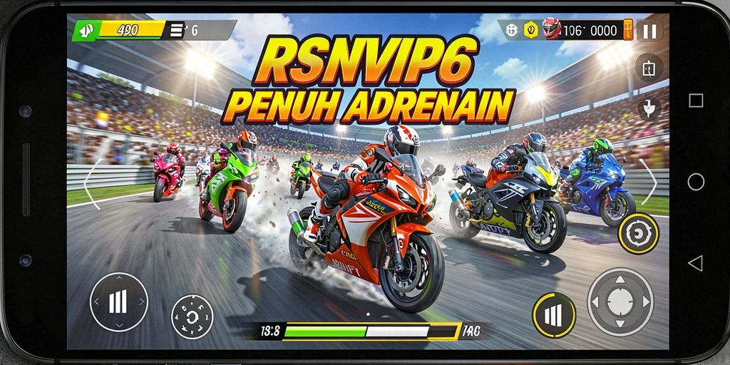 Screenshot utama RSNVIP6 menampilkan momen balap motor yang seru.